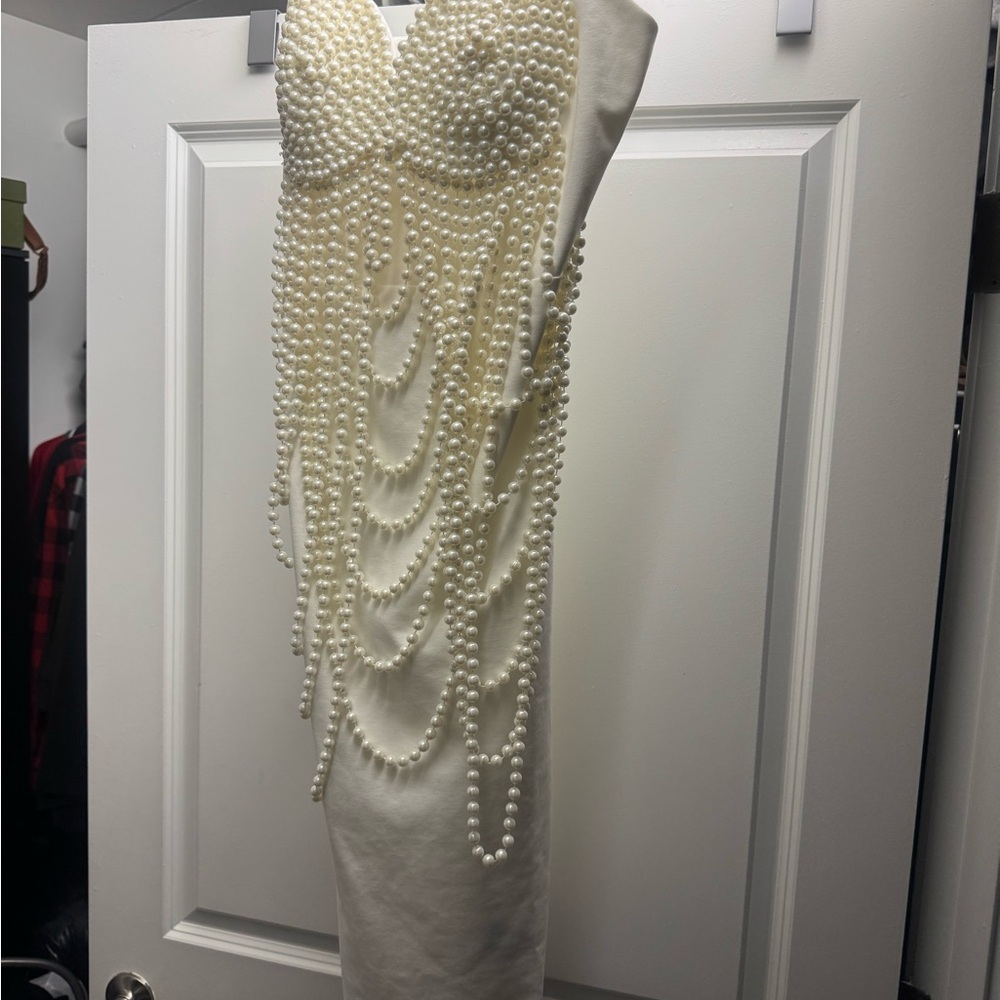 Elegant Pearl-Embellished Cream Dress